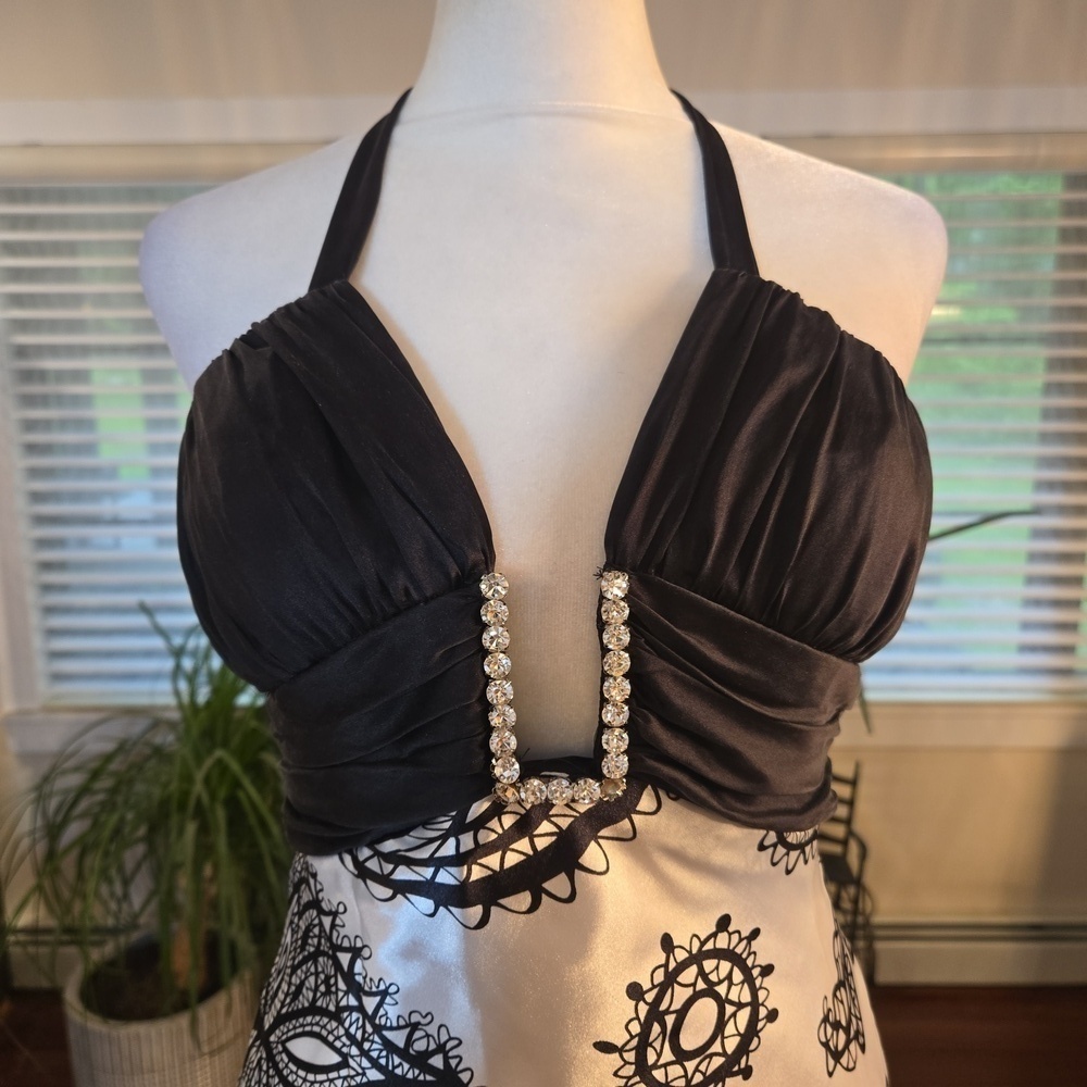 VTG Cache Y2K Embellished Plunge Halter Paisly Satin Maxi Gown Size 2 - Picture 2 of 11